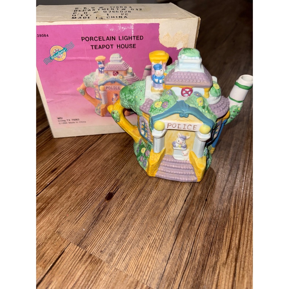 Vintage 1996 Bunnyville Gardens Porcelain Lighted Teapot House Police Station